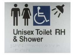 BRAILLE SIGN UNISEX TOILET RH PLUS SHOWER SILVER