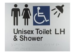 BRAILLE SIGN UNISEX TOILET LH PLUS SHOWER SILVER