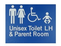 BRAILLE SIGN UNISEX TOILET LH PLUS PARENT ROOM BLUE