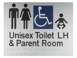 BRAILLE SIGN UNISEX TOILET LH PLUS PARENT ROOM SILVER