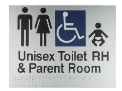 BRAILLE SIGN UNISEX TOILET RH PLUS PARENT ROOM SILVER