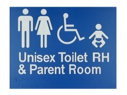 BRAILLE SIGN UNISEX TOILET RH PLUS PARENT ROOM BLUE